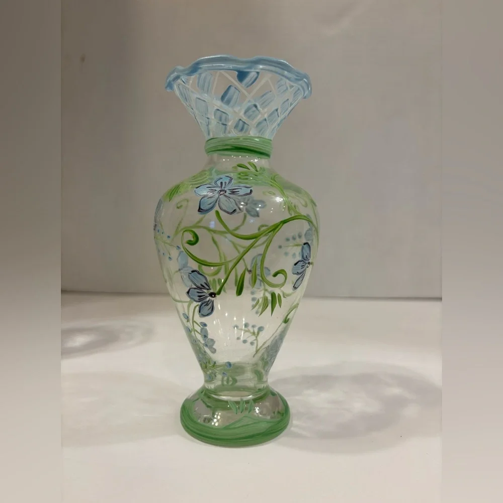 Vintage Tracy Porter boho hand painted floral design set of 2 glass bud vases